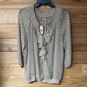 Old Navy Women's Brown Black Polka Dot Ruffle Blouse 3/4 Sleeve Size L